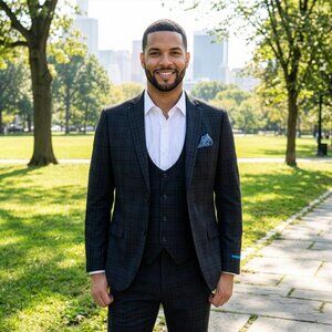 New 2026 Mens 3pc Windowpane Black Suit Set, Hybrid Fit (H2)